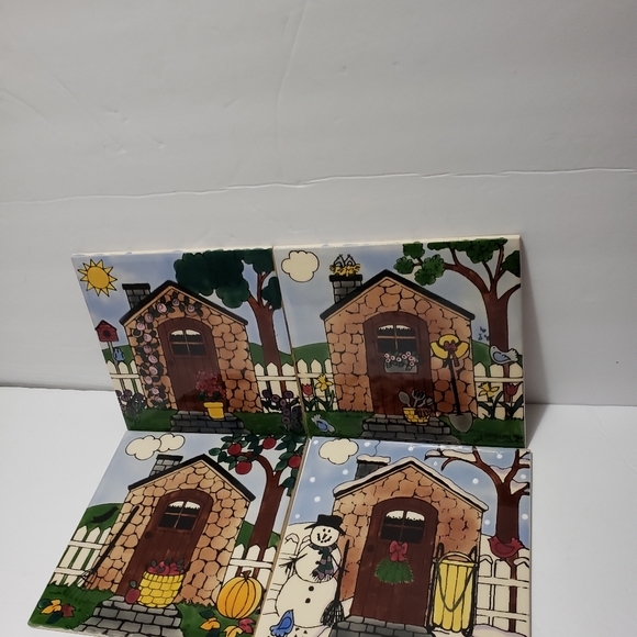 Vintage 1996 Set Of 4  H & P JOHNSON Tiles Folk Art "4 Seasons House Tiles - Picture 1 of 7